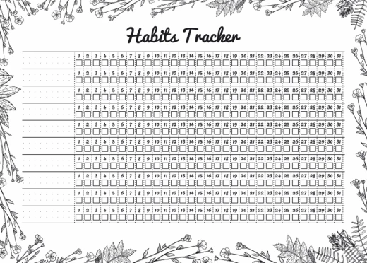 Tablica suchościeralna z nadrukiem Habits Tracker w układzie tabeli na 31 dni z kwiatową ramką na białym tle