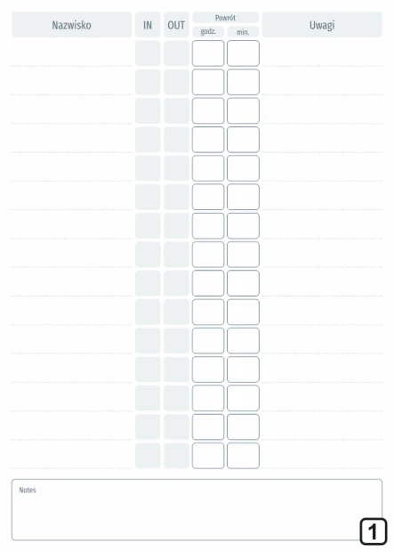 Tablica suchościeralna lean lista obecności 132 - Wzór graficzny. Prosta siatka z polami na nazwiska, czasy i uwagi