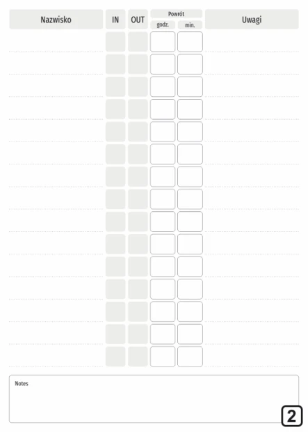 Tablica suchościeralna lean lista obecności 132 - Wzór graficzny. Prosta siatka z polami na nazwiska oraz czas