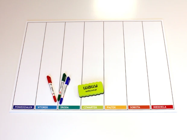 Tablica suchościeralna lean planer tygodniowy 046 - Wzór graficzny. Prosta, prostokątna tablica z siedmioma poziomymi
