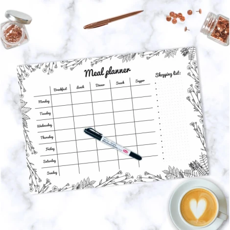 Tablica suchościeralna Meal planner 476 - Wzór graficzny. Grafika z kwiatowymi motywami, tabelami i miejscem na listę