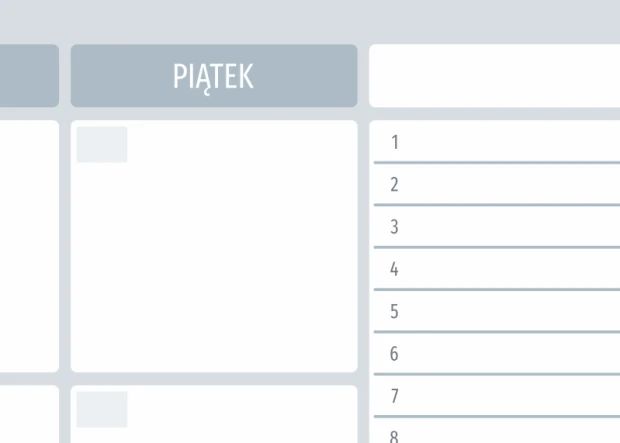 Tablica magnetyczna suchościeralna planer tygodniowy 511 - Wzór graficzny. Prostokątne pola z dniami tygodnia i numerami