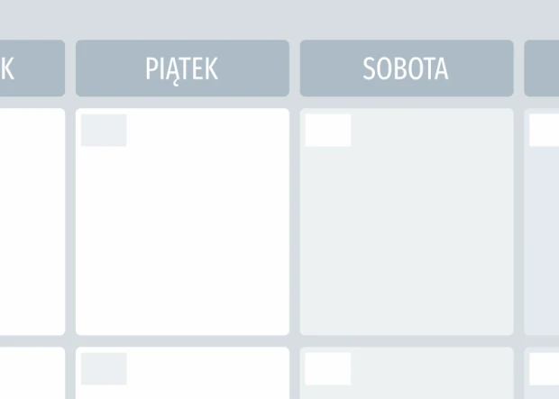 Tablica magnetyczna suchościeralna z nadrukiem planera tygodniowego w zbliżeniu na pola dni tygodnia
