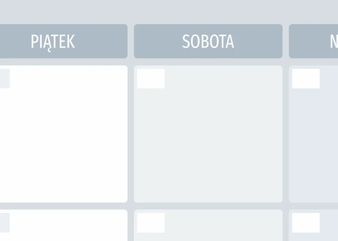 Tablica magnetyczna suchościeralna planer tygodniowy 513 - Wzór graficzny. Prostokątne pola z nazwami dni tygodnia. Szare