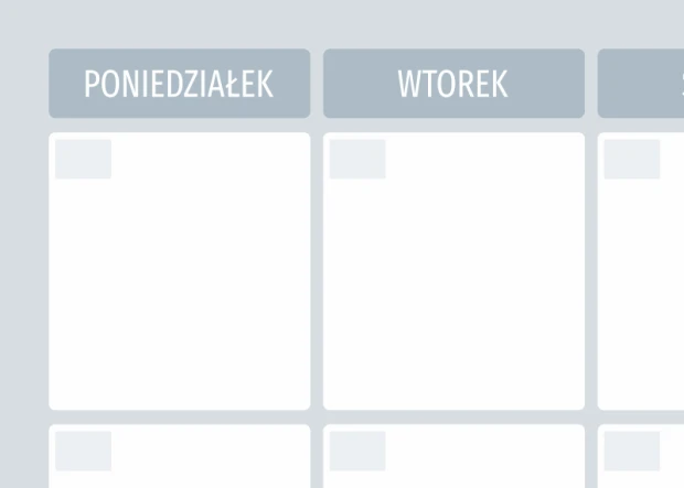 Tablica suchościeralna planer tygodniowy 509 - Wzór graficzny. Prosty układ z polami na dni tygodnia, w jasnych kolorach