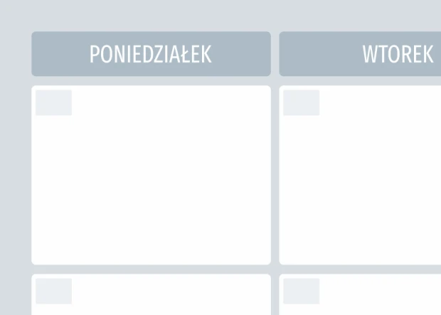Tablica suchościeralna planer tygodniowy 510 - Wzór graficzny. Prosty układ z polami na dni tygodnia. Szare tło z białymi