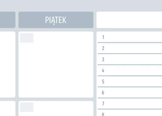 Detal suchej tablicy z nadrukiem planera tygodniowego pokazujący pole na piątek i listę numerowaną
