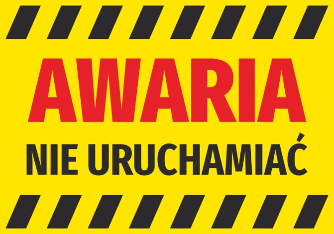 Naklejka Awaria, nie uruchamiać - Wzór graficzny. Duże litery w kolorze czerwonym na żółtym tle z czarnymi paskami