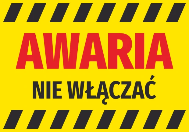 Naklejka Awaria, nie wlączać - Wzór graficzny. Żółte tło z czarnymi i czerwonymi napisami oraz paskami