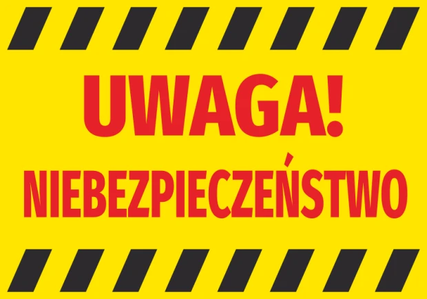 Żółta naklejka ostrzegawcza BHP z czerwonym napisem Uwaga Niebezpieczeństwo i czarno-żółtymi pasami