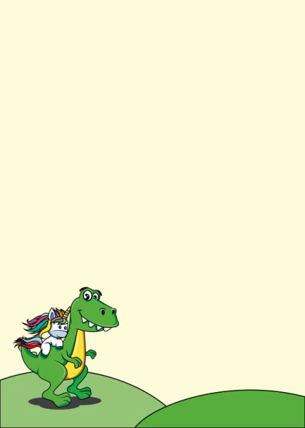 Tablica suchościeralna z nadrukiem zielonego dinozaura i jednorożca na białym tle