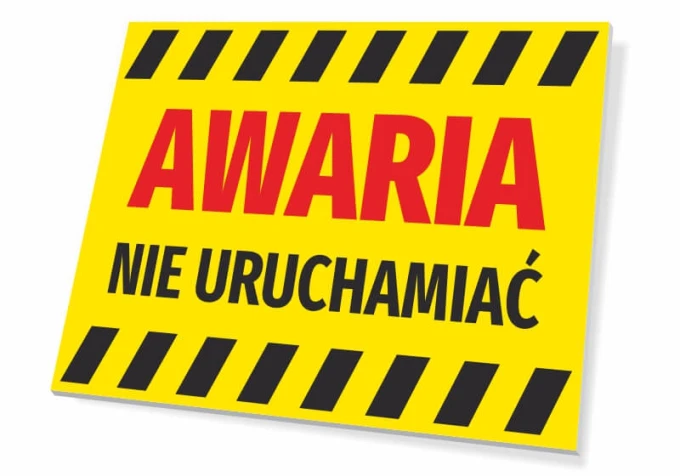 Tabliczka Awaria, nie uruchamiać - Wzór graficzny. Żółte tło z czerwonym napisem i czarnymi paskami ostrzegawczymi