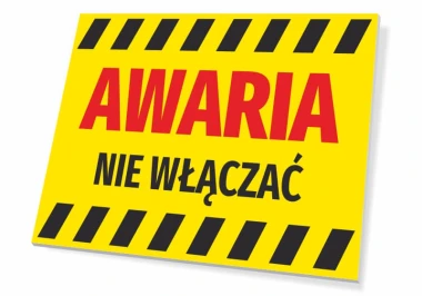 Tabliczka Awaria, nie wlączać - Wzór graficzny. Żółte tło z czerwonym napisem i czarnymi paskami ostrzegawczymi