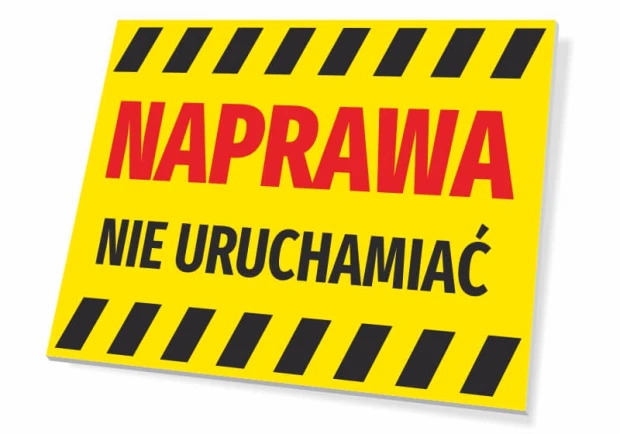 Żółta tabliczka ostrzegawcza BHP z czarno-żółtym pasem i napisem NAPRAWA NIE URUCHAMIAĆ na białym tle