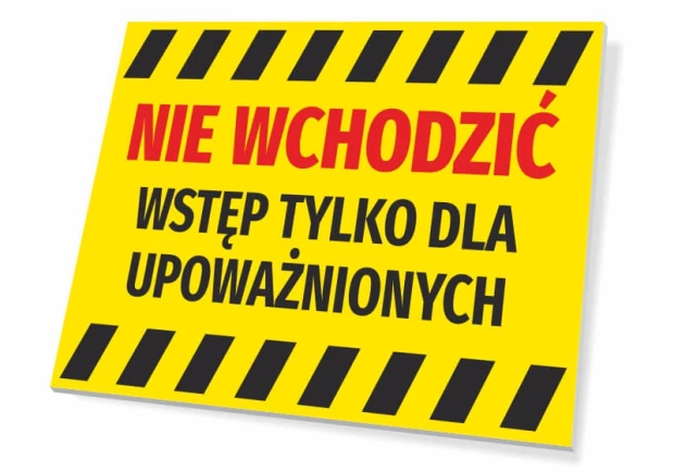 Żółta tabliczka ostrzegawcza BHP z napisem Nie wchodzić wstęp tylko dla upoważnionych i czarnymi pasami