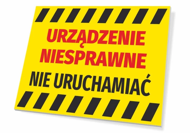 Żółta tabliczka ostrzegawcza BHP z napisem Urządzenie niesprawne, nie uruchamiać i czarno-żółtym pasem ostrzegawczym