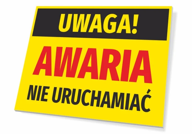 Tabliczka Uwaga awaria, nie uruchamiać - Wzór graficzny. Prostokątna tabliczka z żółtym tłem, czarnym napisem u góry