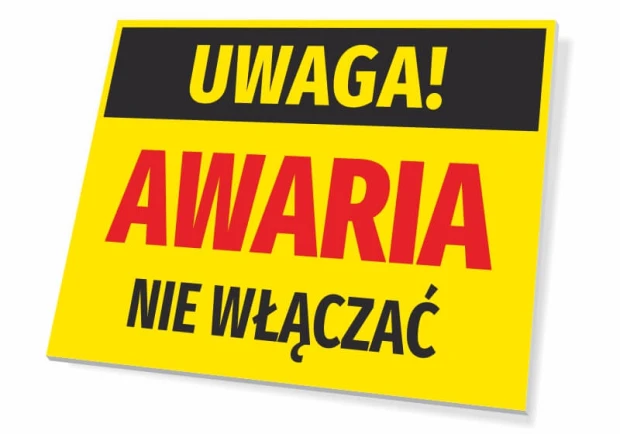 Żółta ostrzegawcza tabliczka BHP na białym tle z wyraźnym napisem Uwaga awaria, nie włączać