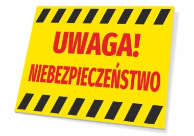 Tabliczka Uwaga niebezpieczeństwo T013 - Wzór graficzny. Żółte tło z czerwonym napisem i czarnymi pasami