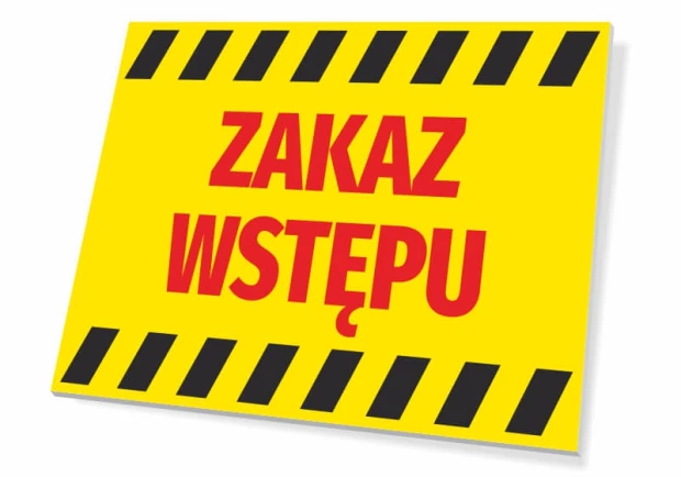 Tabliczka Zakaz wstępu - Wzór graficzny. Żółte tło z czerwonym napisem i czarnymi paskami na krawędziach