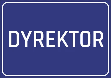 Naklejka Dyrektor - Wzór graficzny. Prostokątna naklejka z białym napisem DYREKTOR na niebieskim tle