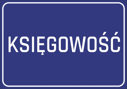 Niebieska prostokątna naklejka informacyjna na drzwi biura z białym napisem KSIĘGOWOŚĆ i ramką