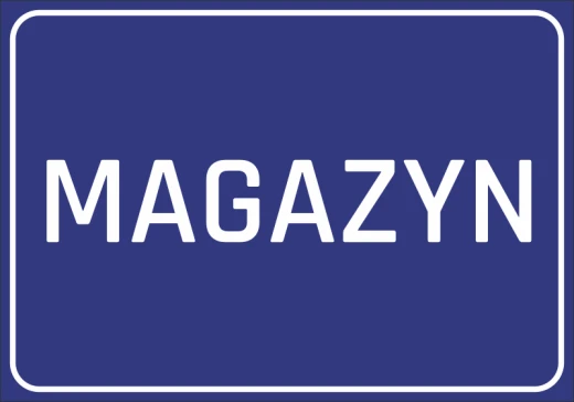 Niebieska naklejka BHP na drzwi lub ścianę z białym napisem MAGAZYN i ramką, służąca do oznakowania pomieszczeń