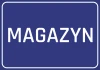 Naklejka magazyn - Wzór graficzny. Prosty prostokąt z niebieskim tłem i białym napisem MAGAZYN