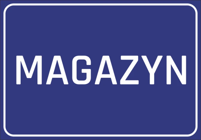 Naklejka magazyn - Wzór graficzny. Prosty prostokąt z niebieskim tłem i białym napisem MAGAZYN