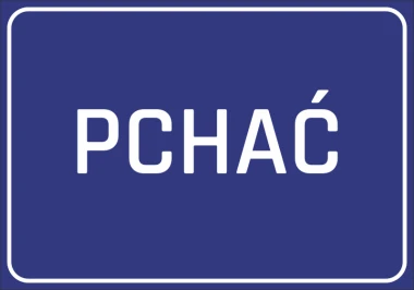 Naklejka Pchać - Wzór graficzny. Prosty prostokąt w granatowym tle z białym napisem PCHAĆ