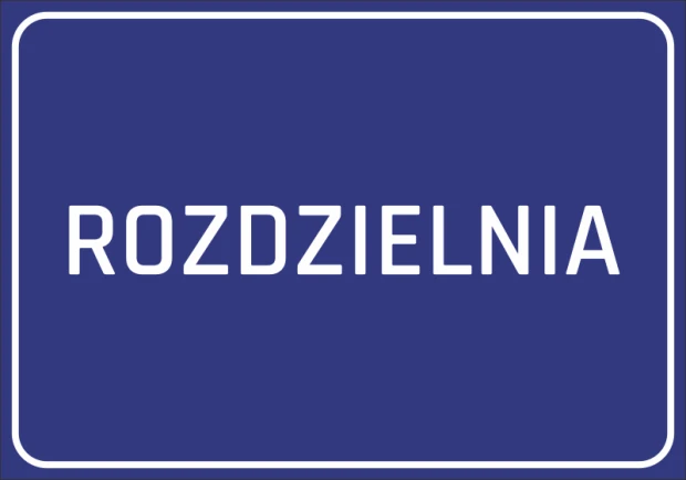 Niebieska naklejka BHP na drzwi lub ścianę z białym napisem ROZDZIELNIA i ramką, oznaczająca pomieszczenie elektryczne