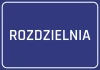 Naklejka rozdzielnia - Wzór graficzny. Prosta, prostokątna naklejka z białym napisem ROZDZIELNIA na niebieskim tle