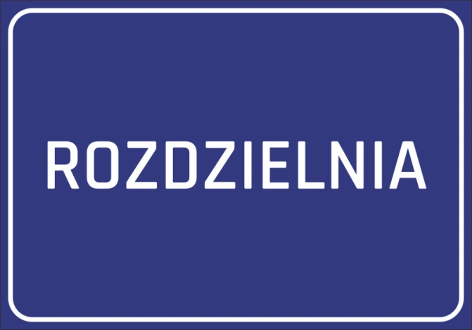 Naklejka rozdzielnia - Wzór graficzny. Prosta, prostokątna naklejka z białym napisem ROZDZIELNIA na niebieskim tle