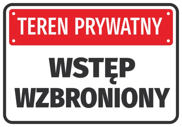 Naklejka Teren prywatny, wstęp wzbroniony - Wzór graficzny. Prostokątna naklejka z czerwonym tłem i białymi literami