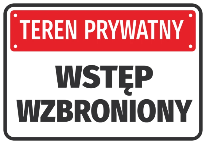 Naklejka Teren prywatny, wstęp wzbroniony - Wzór graficzny. Prostokątna naklejka z czerwonym tłem i białymi literami