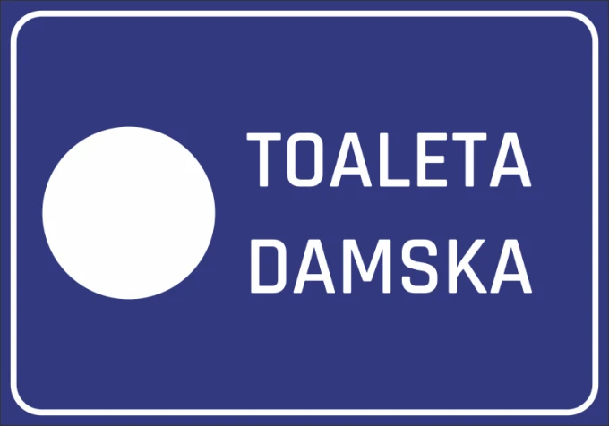 Naklejka Toaleta damska N066 - Wzór graficzny. Prostokąt z niebieskim tłem, biała okrągła ikona i napis TOALETA DAMSKA