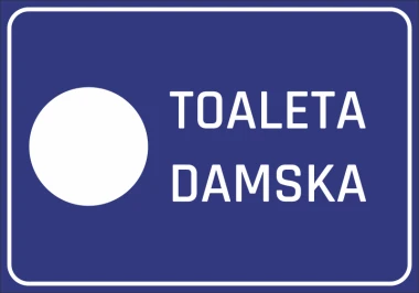 Naklejka Toaleta damska N066 - Wzór graficzny. Prostokąt z niebieskim tłem, biała okrągła ikona i napis TOALETA DAMSKA