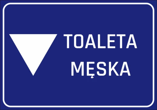 Niebieska naklejka informacyjna na drzwi z białym trójkątem i napisem TOALETA MĘSKA