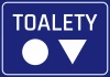Naklejka Toalety N068 - Wzór graficzny. Na niebieskim tle znajduje się biały napis TOALETY oraz okrąg i trójkąt