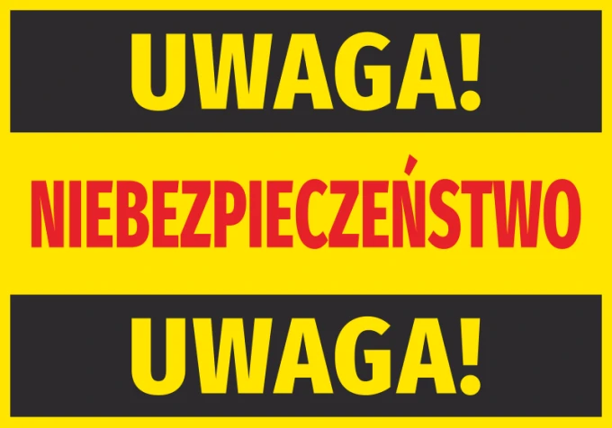 Naklejka Uwaga niebezpieczeństwo N028 - Wzór graficzny. Żółte tło z dużymi, czarnymi i czerwonymi literami