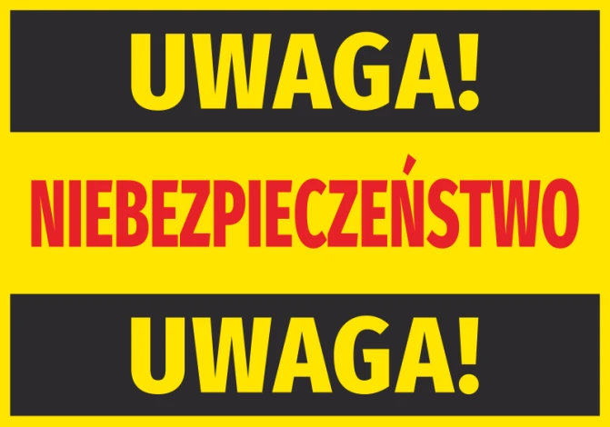 Naklejka Uwaga niebezpieczeństwo N028 - Wzór graficzny. Żółte tło z dużymi, czarnymi i czerwonymi literami