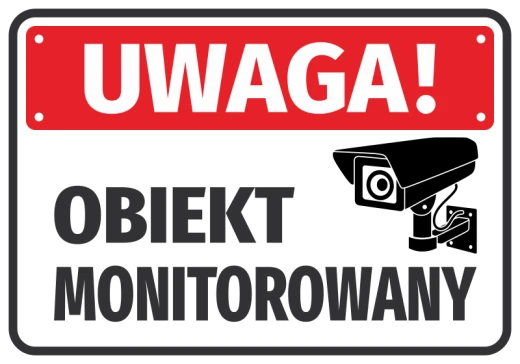 Naklejka na bramę lub drzwi z czerwoną belką UWAGA, czarnym napisem OBIEKT MONITOROWANY i piktogramem kamery