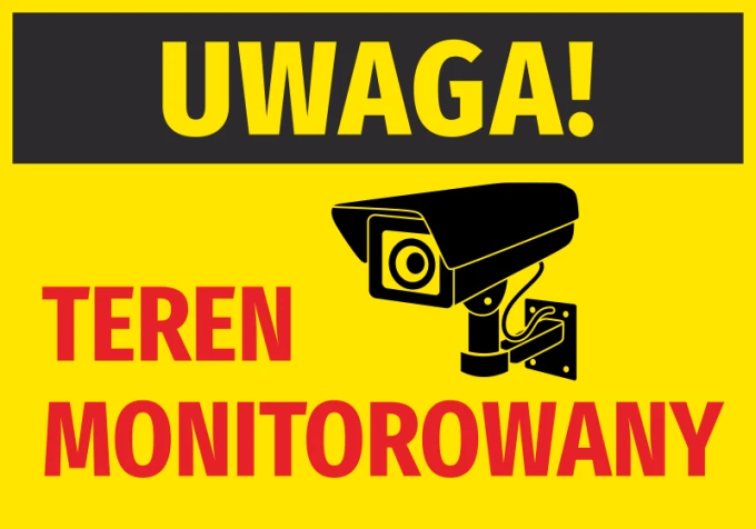Naklejka Uwaga teren monitorowany - Wzór graficzny. Żółte tło z czarną kamerą i czerwonym napisem