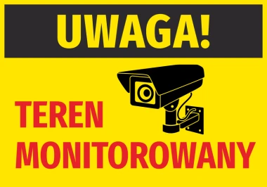 Naklejka Uwaga teren monitorowany - Wzór graficzny. Żółte tło z czarną kamerą i czerwonym napisem