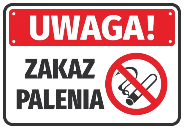 Naklejka BHP na białym tle z czerwonym napisem UWAGA!, czarnym ZAKAZ PALENIA i piktogramem przekreślonego papierosa