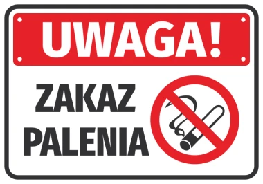 Naklejka Uwaga zakaz palenia - Wzór graficzny. Czerwony prostokąt z białym napisem oraz symbolem przekreślonego papierosa