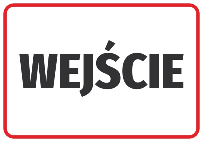 Naklejka wejście N046 - Wzór graficzny. Czerwony prostokąt z białym napisem WEJŚCIE w dużych literach