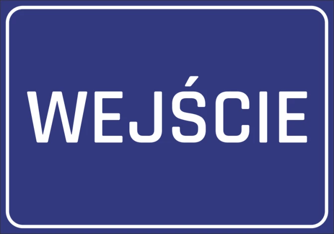 Naklejka wejście N054 - Wzór graficzny. Niebieskie tło z białym napisem WEJŚCIE w dużych literach