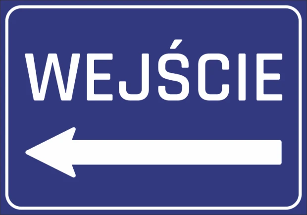 Niebieska naklejka informacyjna z białym napisem WEJŚCIE i strzałką w lewo, przeznaczona do oznakowania drzwi