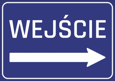 Naklejka wejście N057 - Wzór graficzny. Niebieskie tło z białym napisem WEJŚCIE i strzałką w prawo